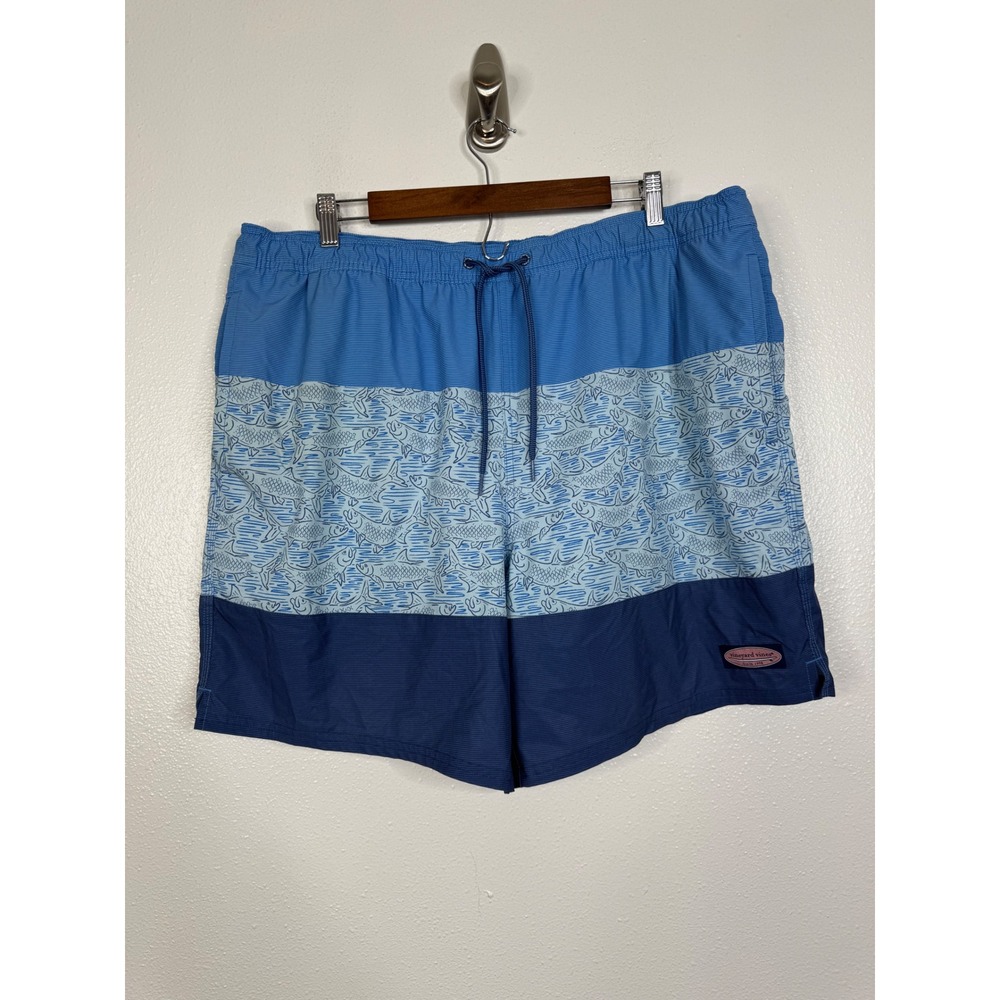 Vineyard Vines Mens XL Blue Colorblock Fish Print Swim Trunks Board Shorts